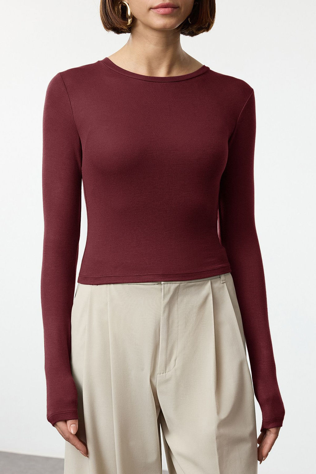 Bordo Premium Viskon Bisiklet Yaka Crop Esnek Orme Bluz TWOAW24BZ00116