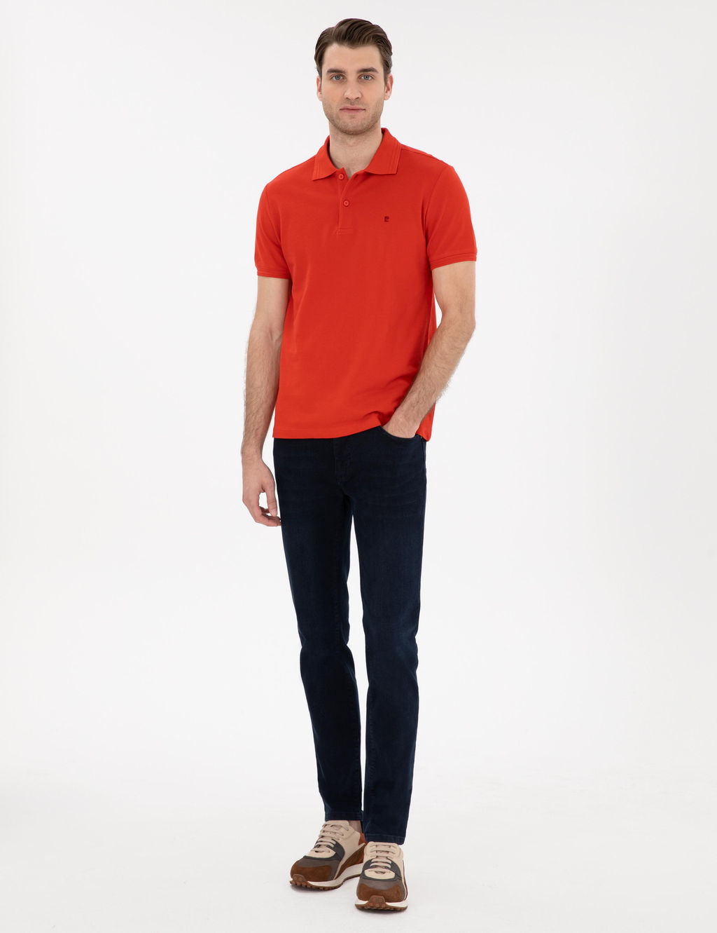 K_rm_z_ Slim Fit %100 Pamuk Polo Yaka Basic Ti__rt