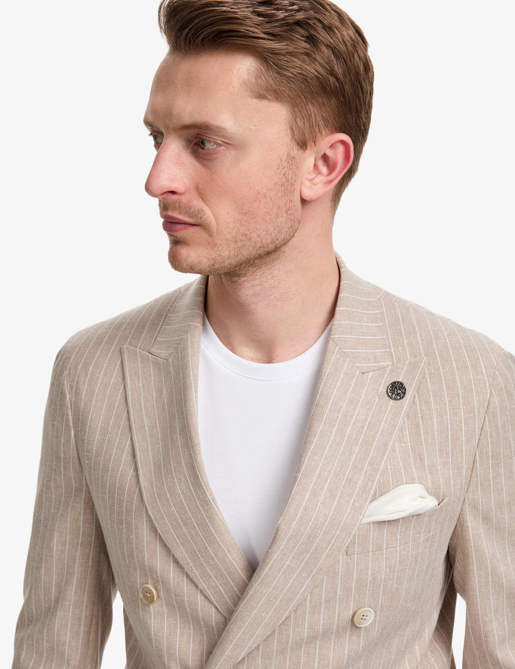 A__k Kahverengi Ex. Slim Fit Keten Kar___ml_ _izgili Kruvaze Tak_m Elbise