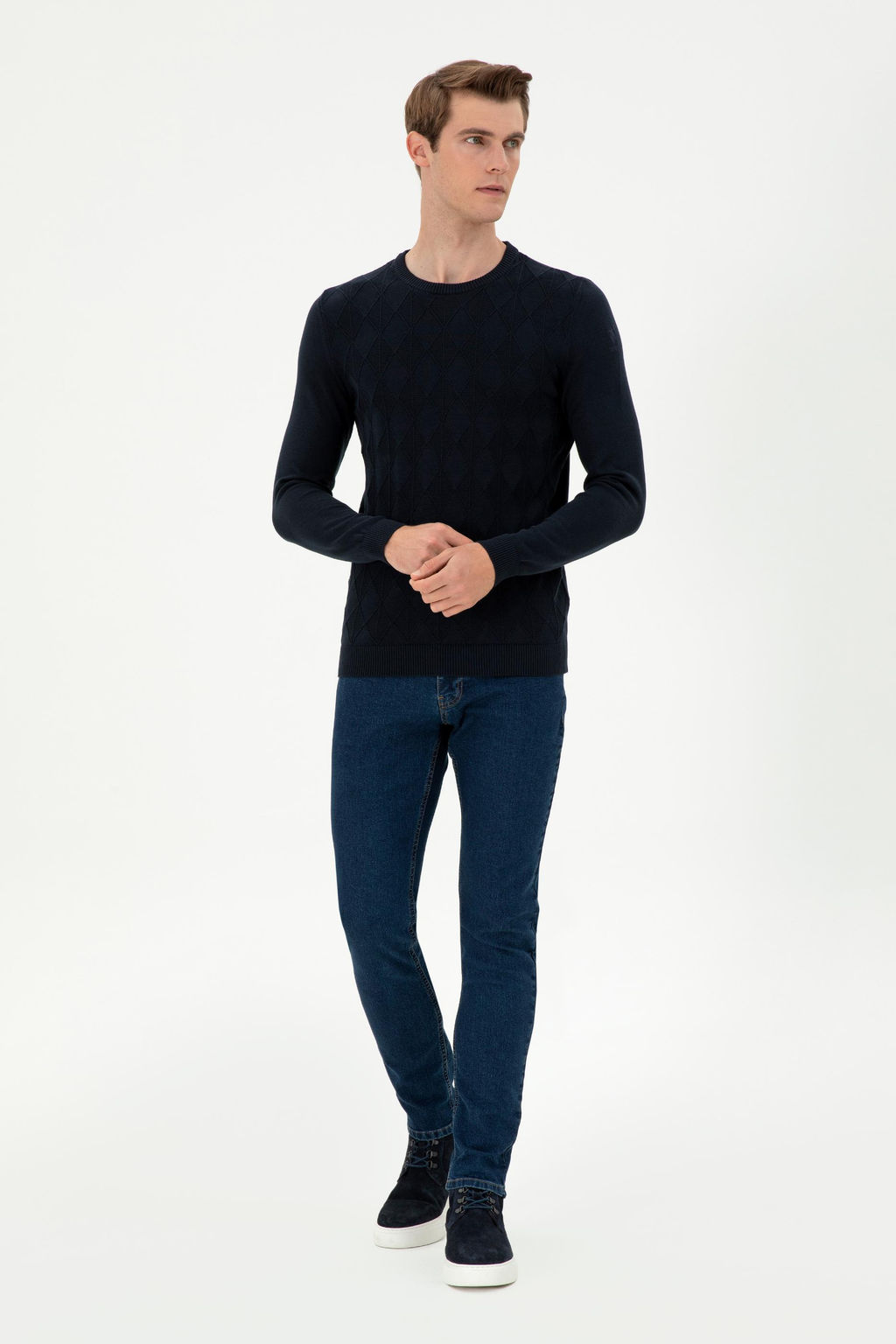 Erkek Slim Fit Bisiklet Yaka Lacivert Kazak