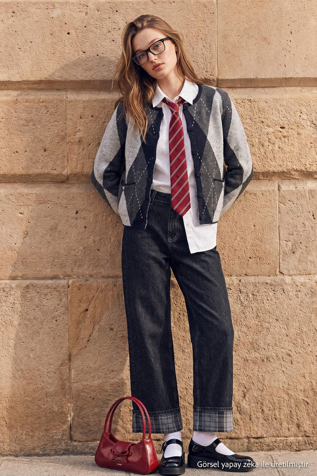 Antrasit %100 Pamuk Pa_a Ekose Detayl_ Y_ksek Bel Wide Leg Jeans TWOAW27JE00015 - Trendyolmilla фото 4
