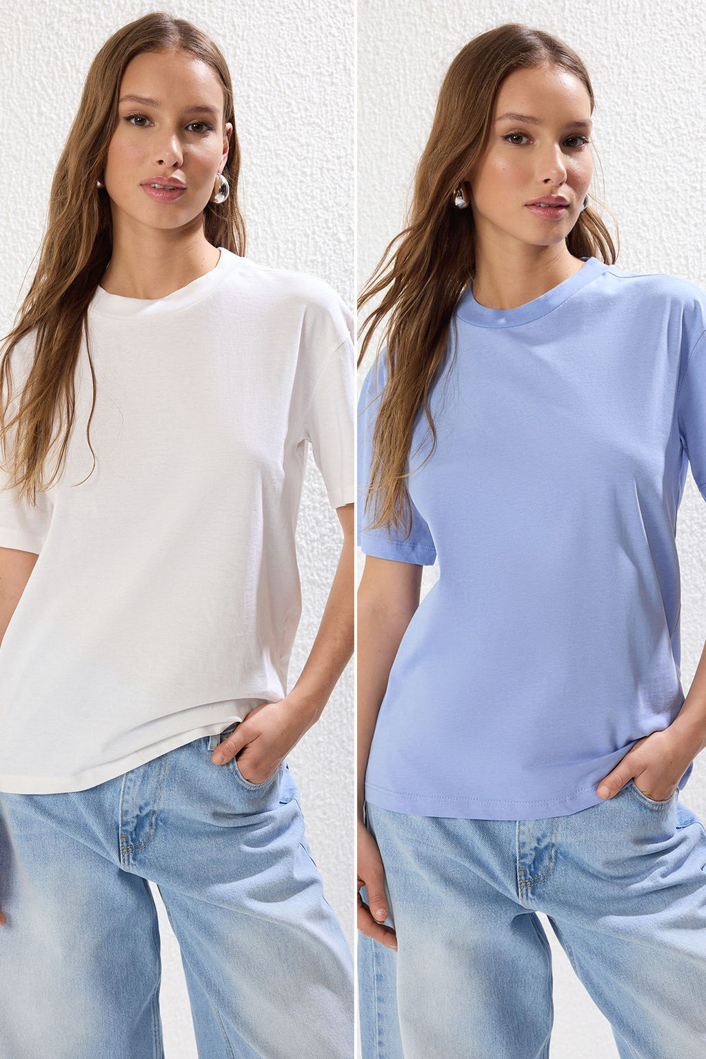 Ekru-Mavi 2li Paket %100 Pamuk Basic Dik Yaka Orme T-Shirt TWOSS20TS1500