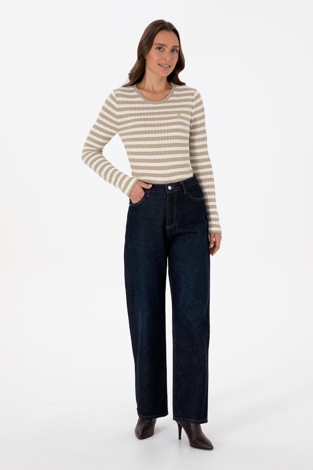Kad_n Koyu Bej _izgili Bisiklet Yaka Sweatshirt
