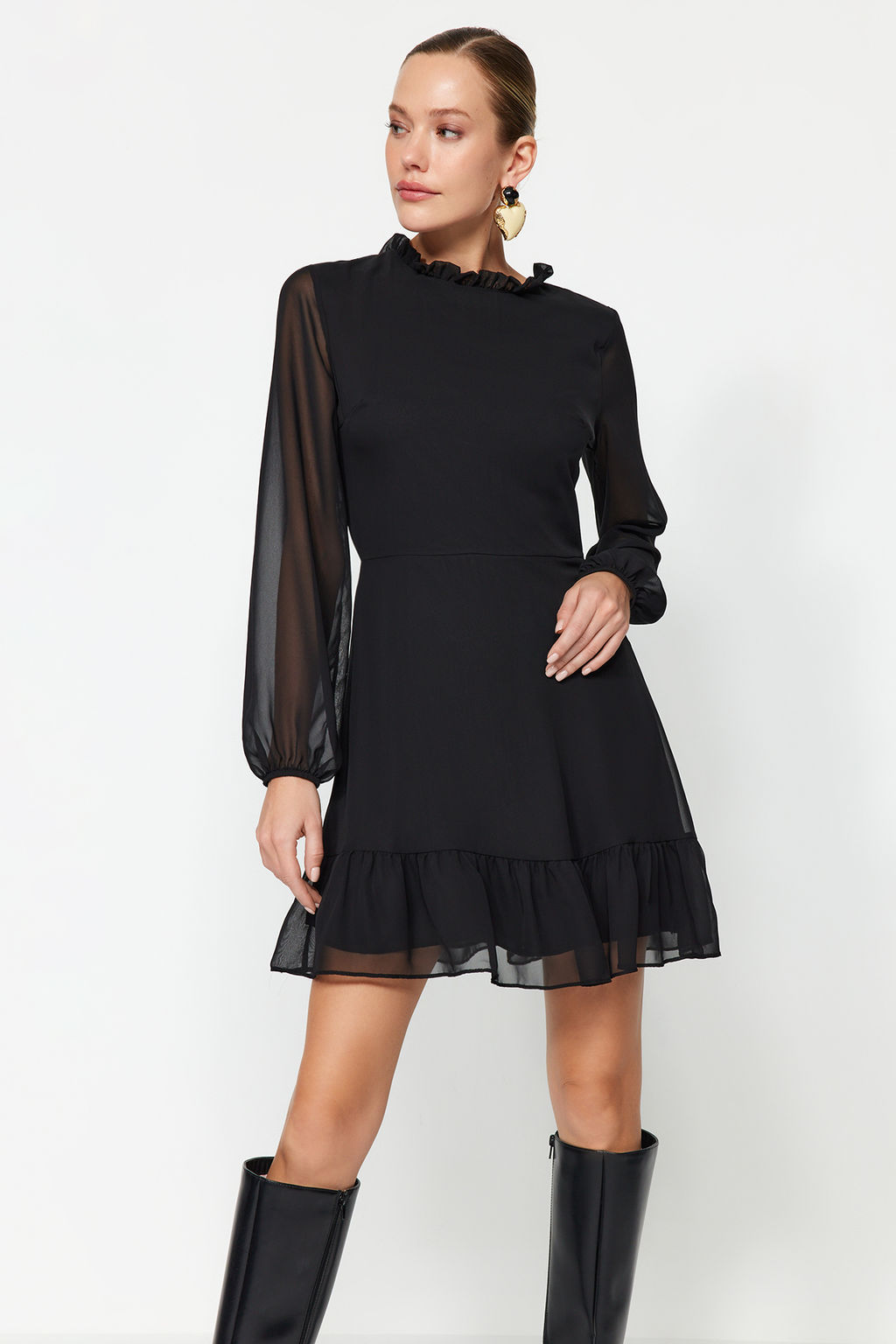 TRENDYOLMILLA Siyah A Kesim F?rf?r Detayl? Dik Yaka Mini Astarl? Sifon Dokuma K?sl?k Elbise TWOAW24EL00722  фото 16