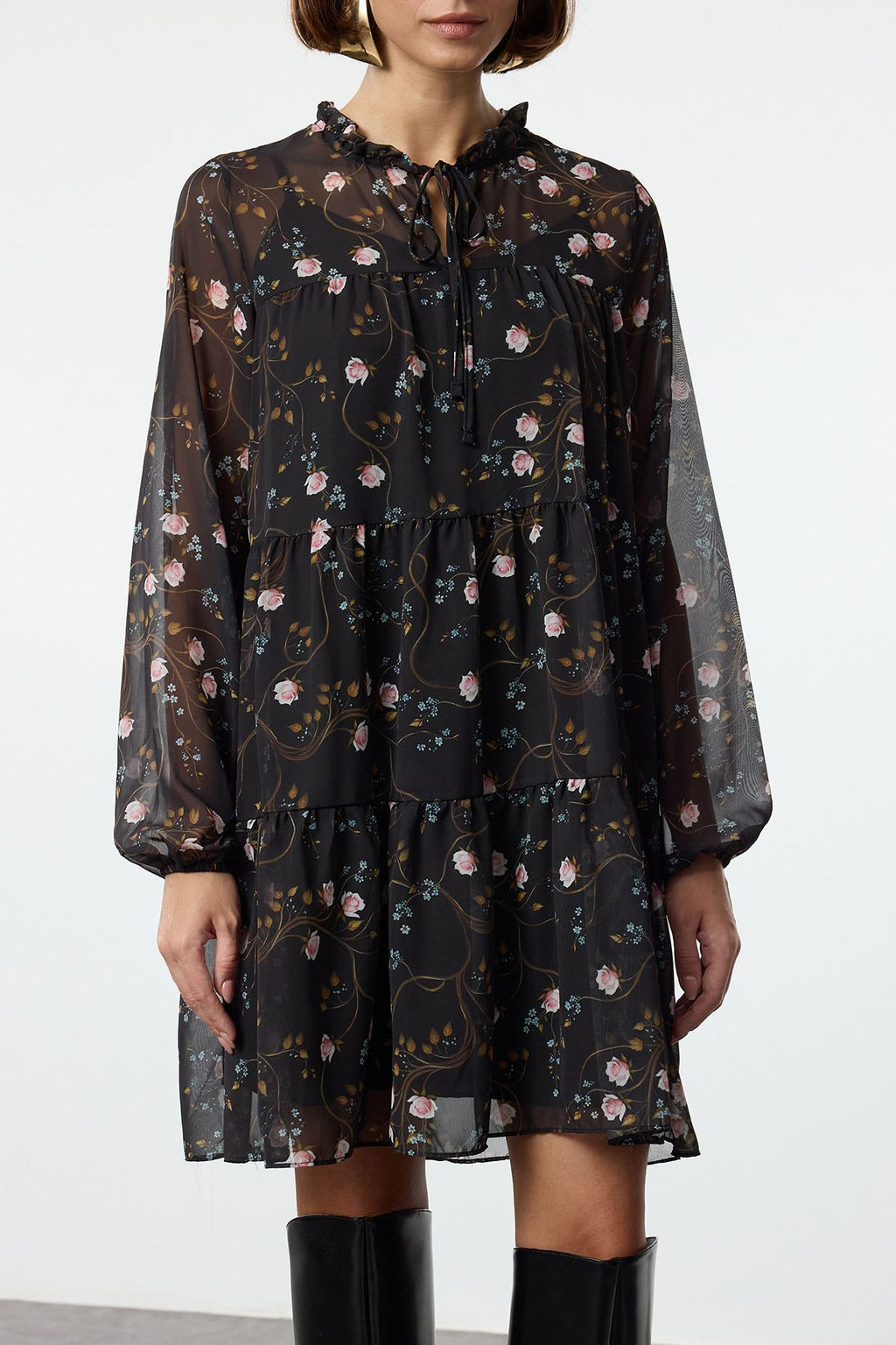 Trendyolmilla Kahverengi Sal Desenli Etegi Belden Ac?lan Mini Astarl? Sifon Dokuma K?sl?k Elbise TWOAW25EL00350  фото 3