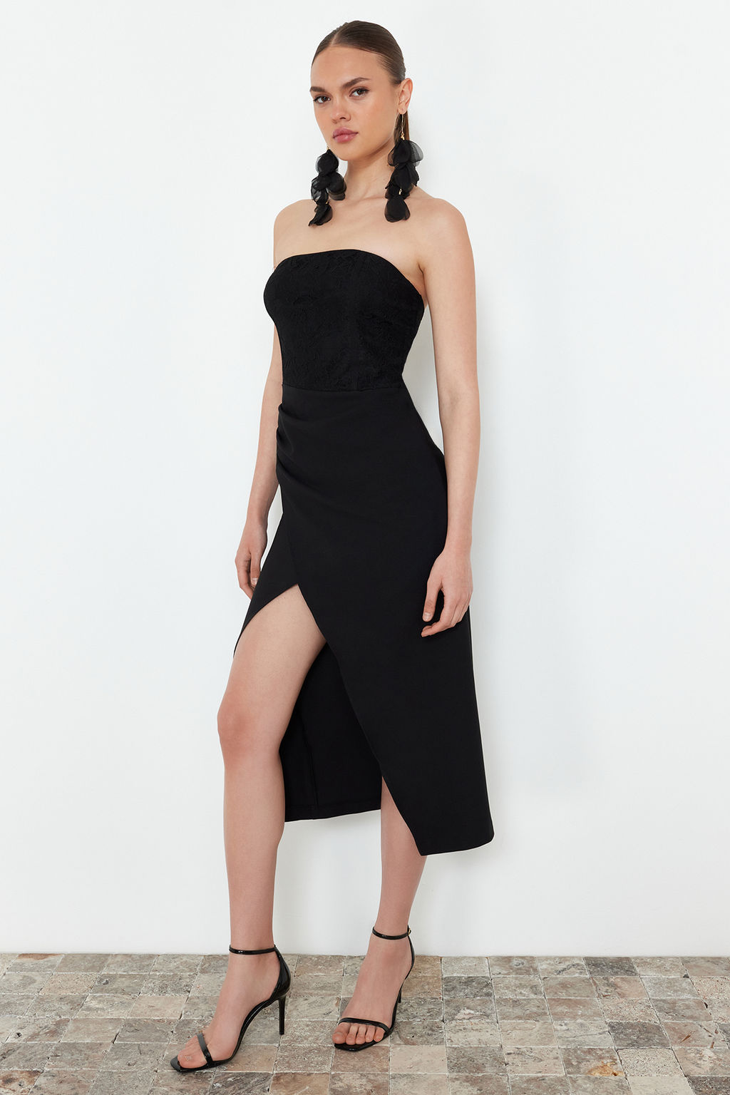 Siyah Dantel Detayl? Dokuma S?k Abiye Elbise TPRSS24EL00182 - Trendyolmilla фото 2