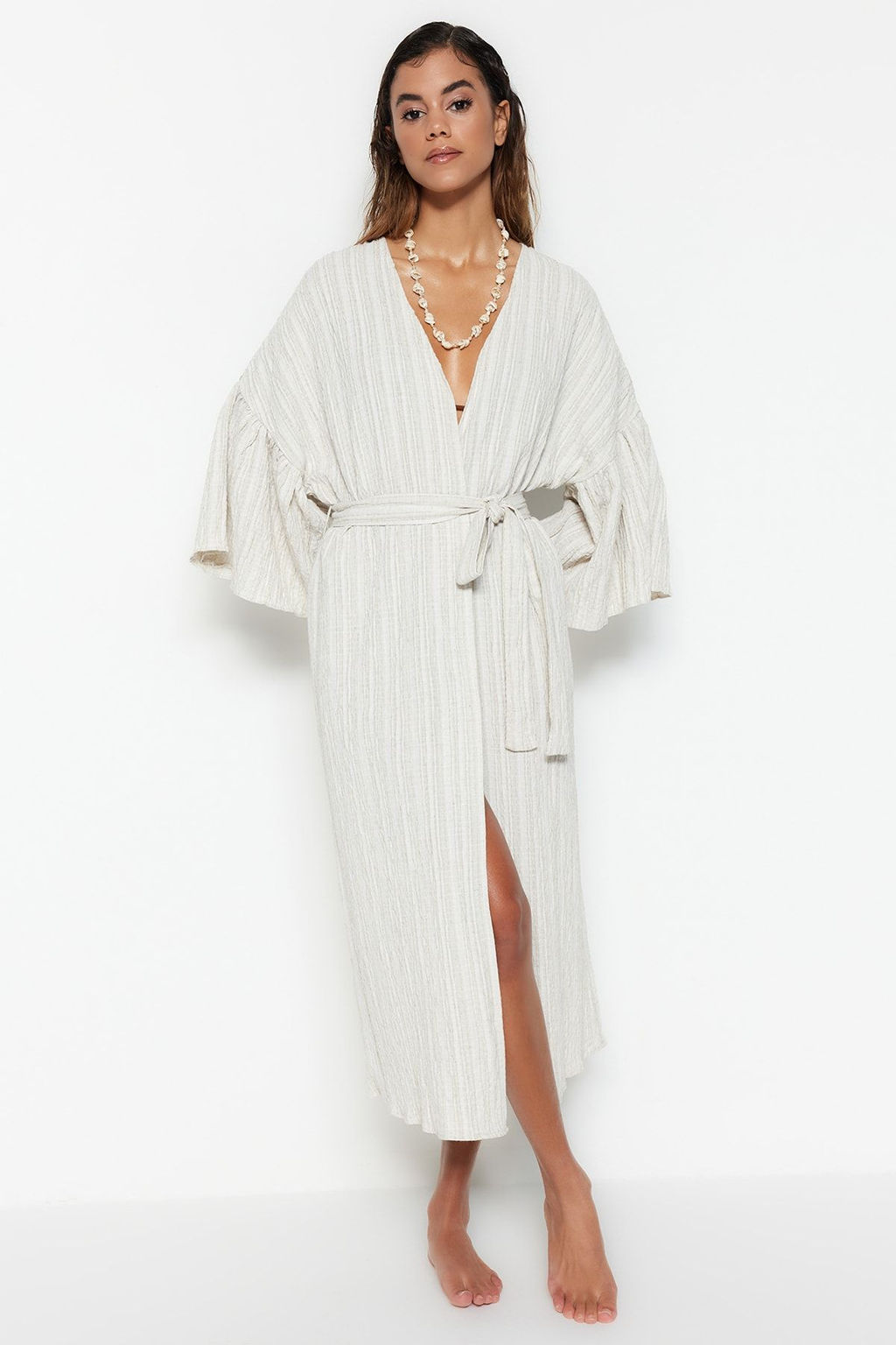 Ekru Kusakl? Maxi Dokuma Volanl? Keten Kar?s?ml? Plaj Kimono&Kaftan TBESS23KM00028 - Trendyolmilla фото 2