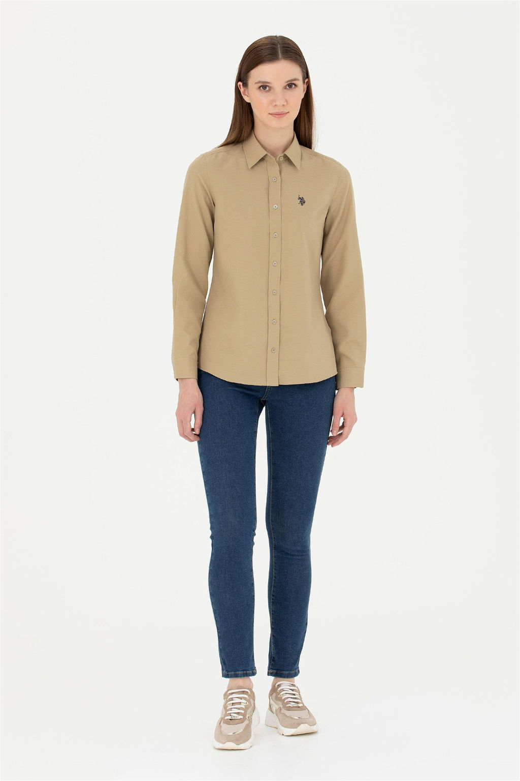 Женская базовая рубашка цвета хаки с длинным рукавом - U.s. polo assn фото 4