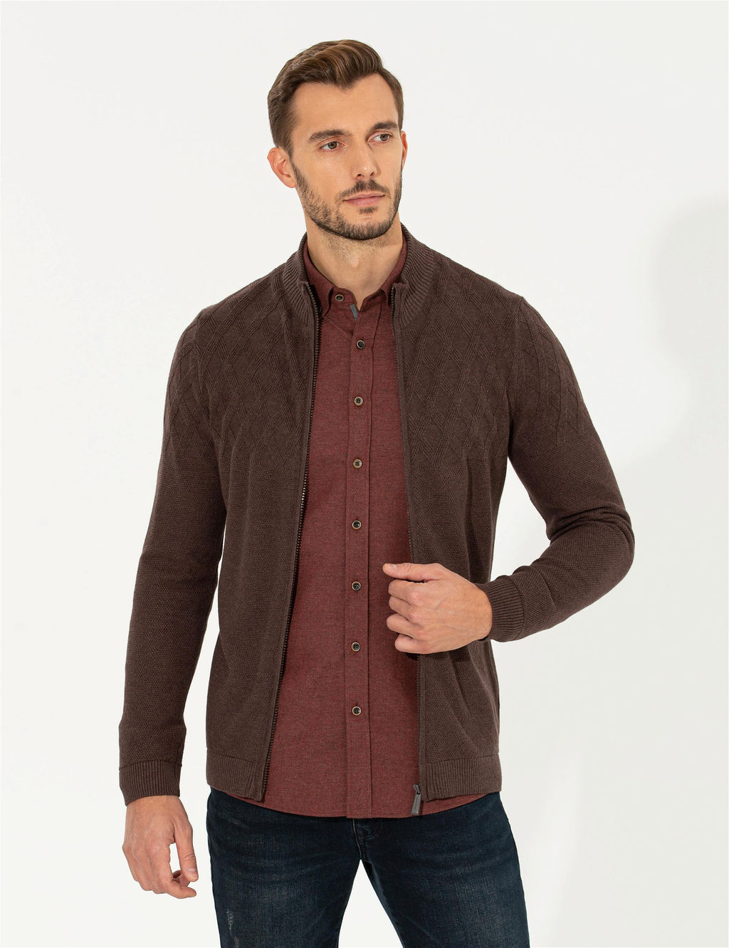 A__k Kahverengi Slim Fit Fermuarl_ Triko H_rka - Pierre cardin фото 3