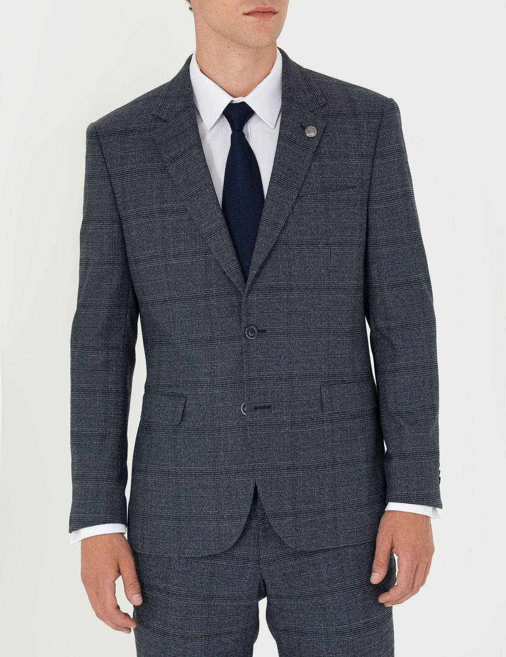 Lacivert Slim Fit Ekose Tak_m Elbise
