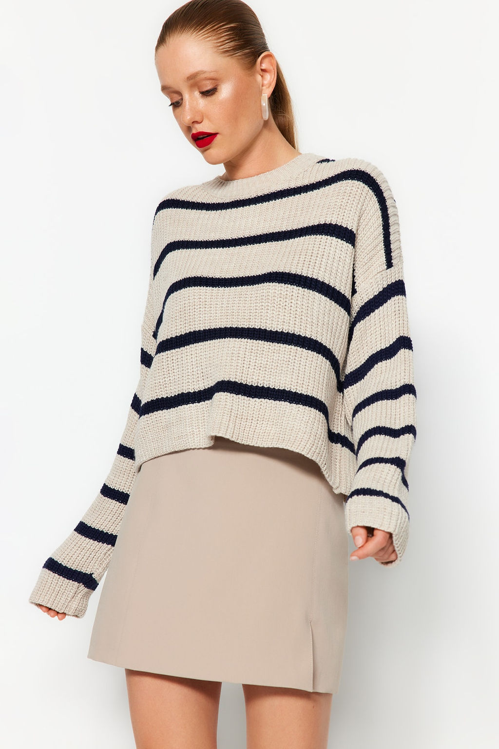 Bej Crop Genis Kal?p Basic Cizgili Triko Kazak TWOAW23KZ00390