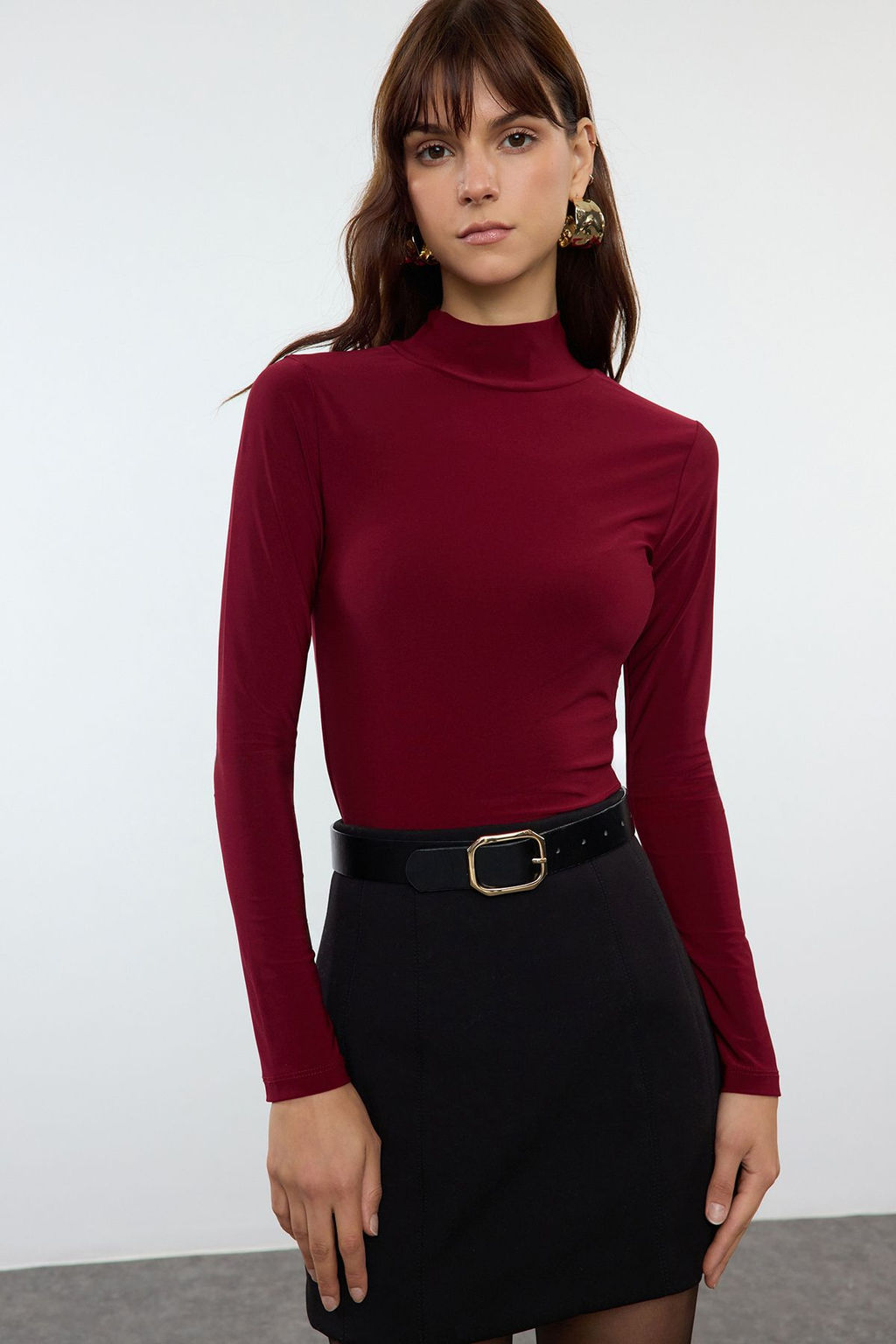 Bordo Fitted/Vucuda Oturan Uzun Kollu Dik Yaka Fitilli Esnek Orme Bluz TWOAW25BZ00078