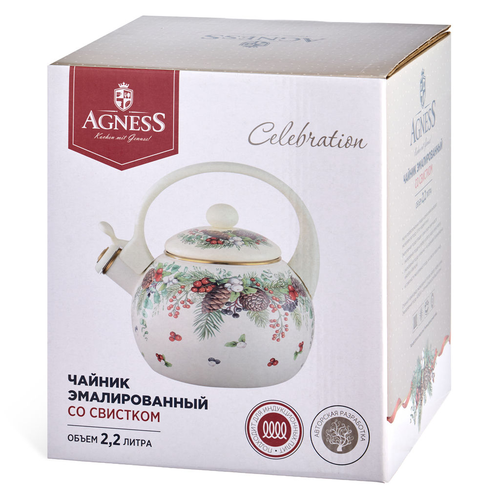 ЧАЙНИК AGNESS ЭМАЛИРОВАННЫЙ СО СВИСТКОМ СЕРИЯ CELEBRATION, 2,2Л, ИНДУКЦИОННОЕ ДНО  фото 7