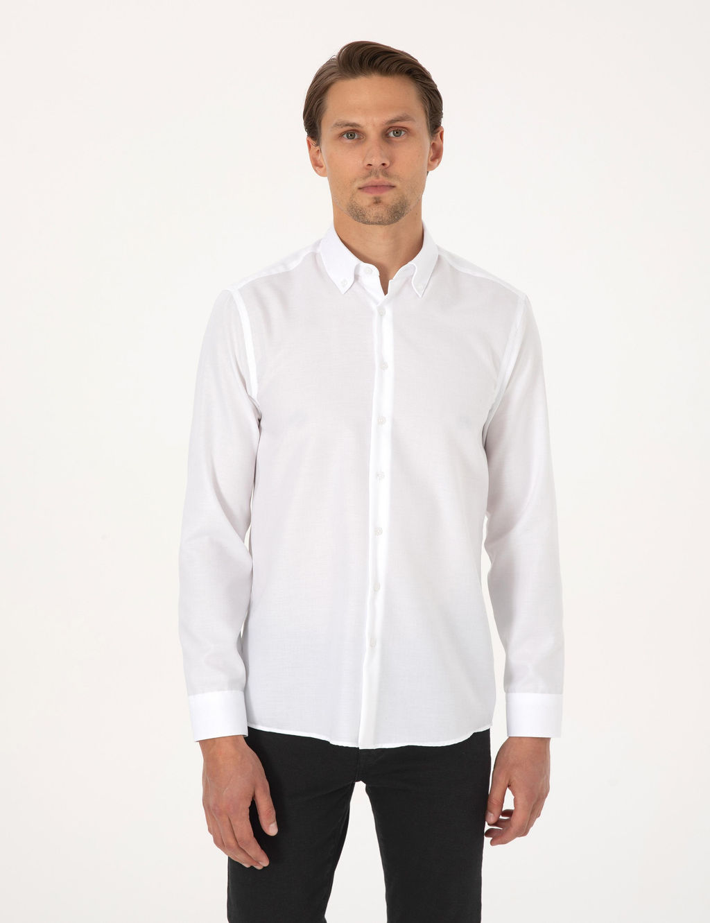 Beyaz Non Iron Slim Fit Uzun Kollu Basic G_mlek