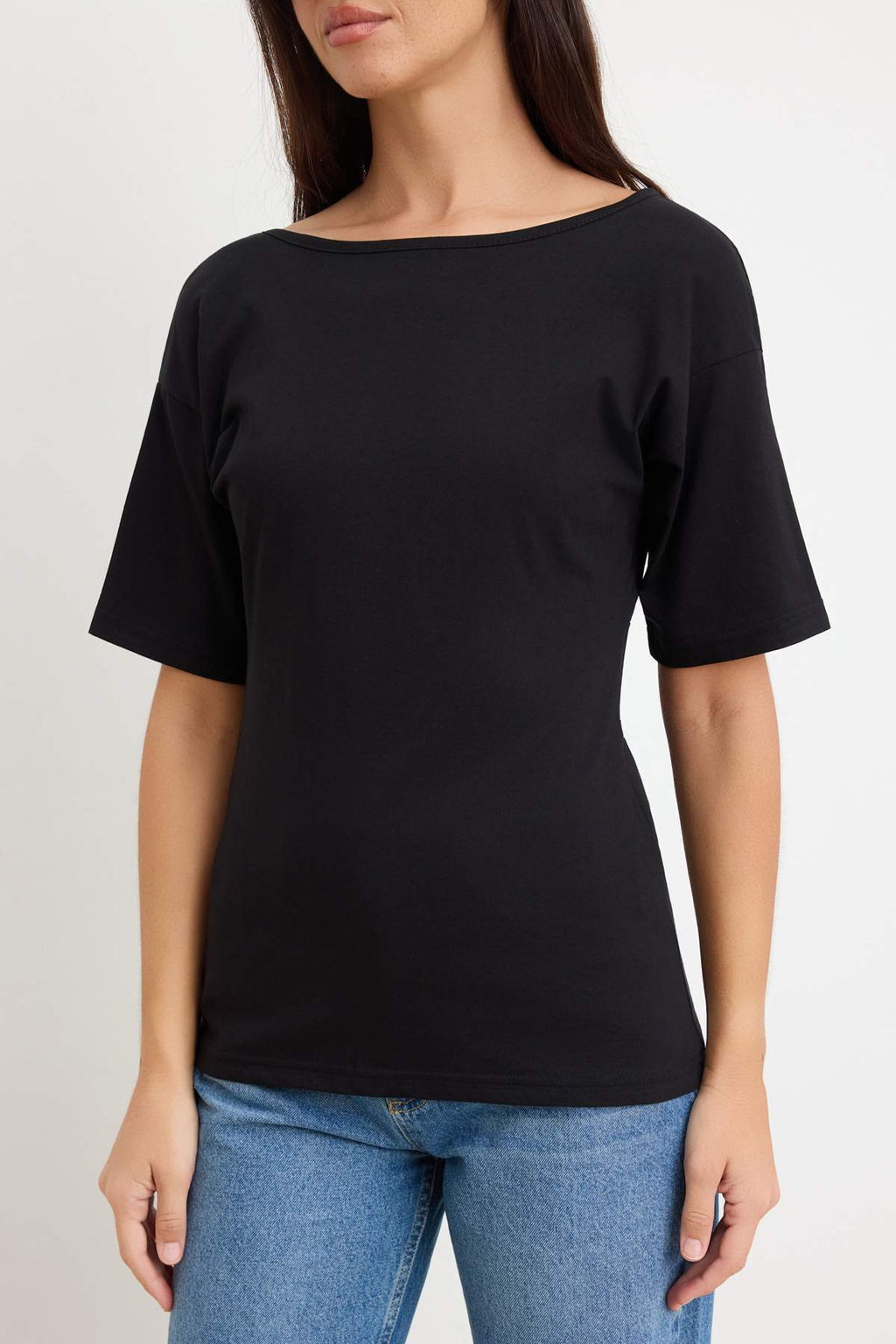 Siyah Duz Regular Kay?k Yaka Dusuk Kol K?sa Uzun %100 Pamuk Orme T-Shirt TWOSS26TS00247 - Trendyolmilla фото 3