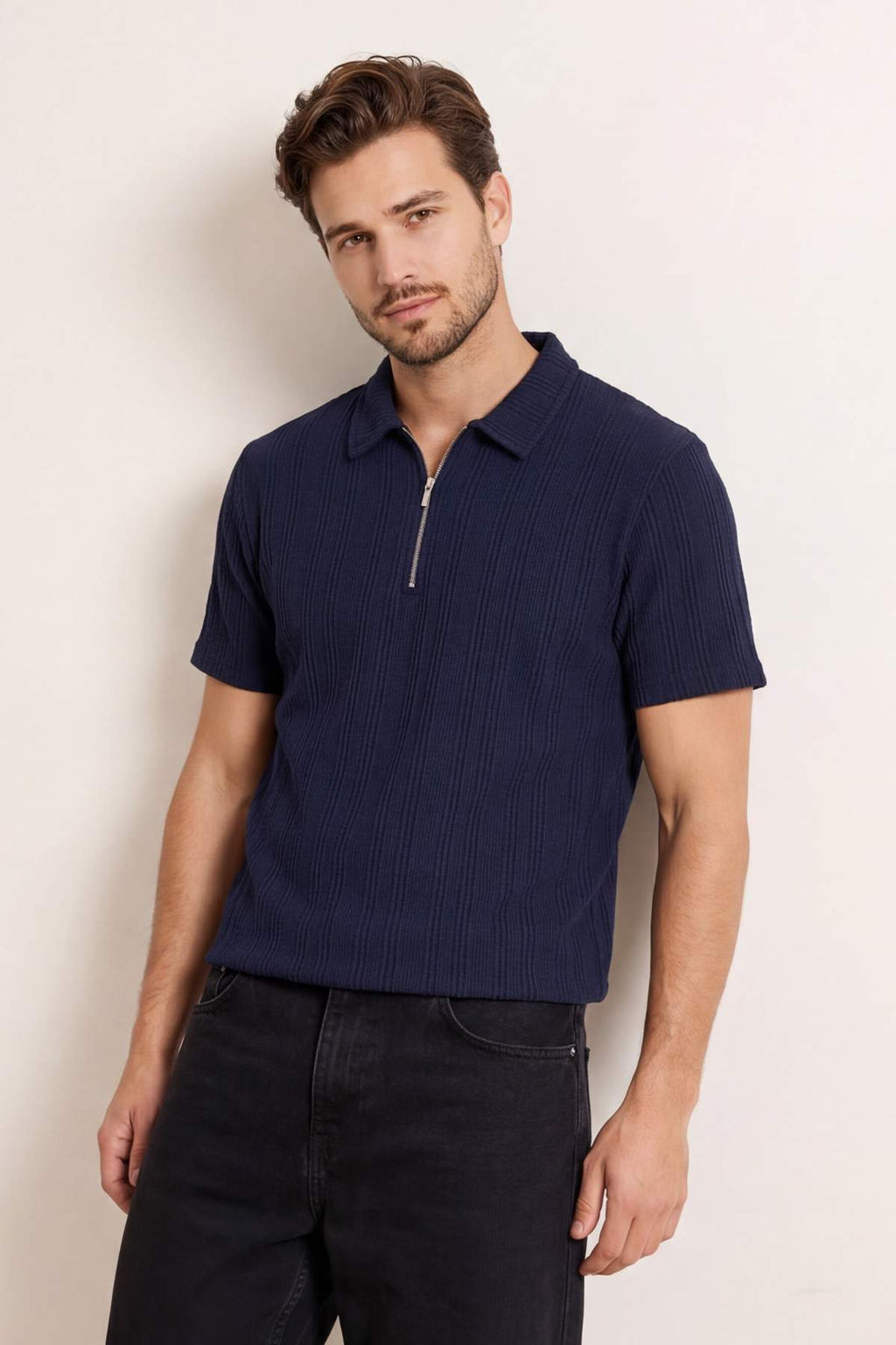 Lacivert Regular Fermuarl? Dokulu Orme Polo Yaka T-shirt TMNSS26PO00019