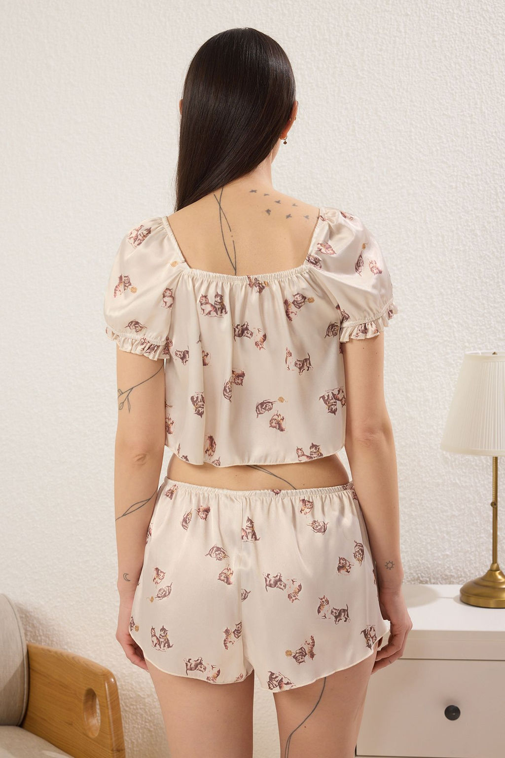 Trendyolmilla Cok Renkli Kedili Kurdele/Fiyonklu/Baglamal? Saten Sortlu Dokuma Pijama Tak?m? THMSS25PT00318 фото 4