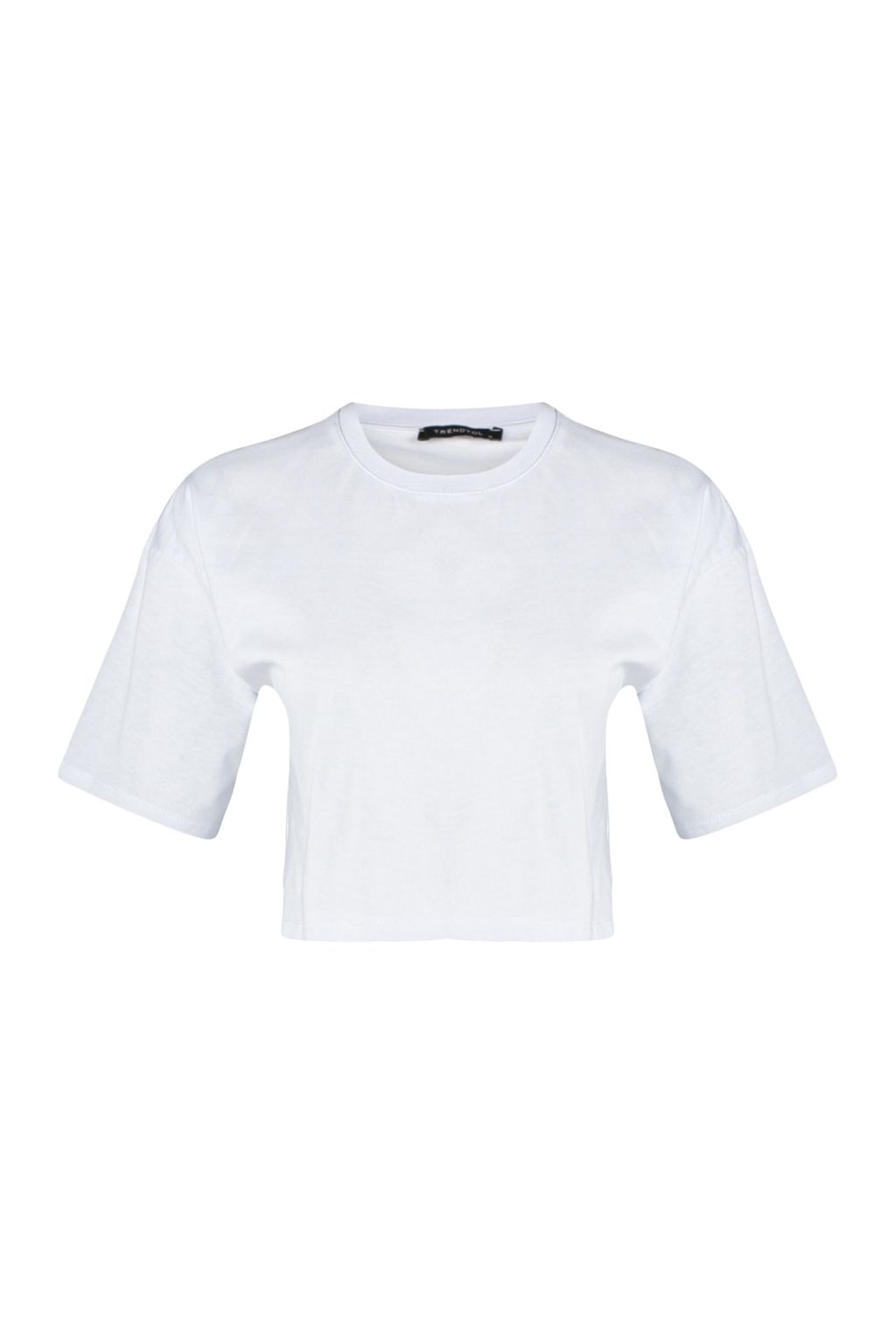 Beyaz %100 Kal?n Pamuklu Premium Crop Bisiklet Yaka Orme T-Shirt TWOSS23TS00038