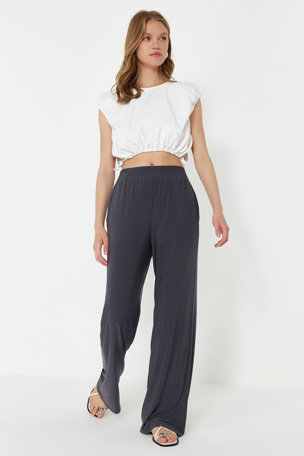 Antrasit Wide Leg/Rahat Kesim Yuksek Bel Esnek Pantolon TWOSS23PL00129