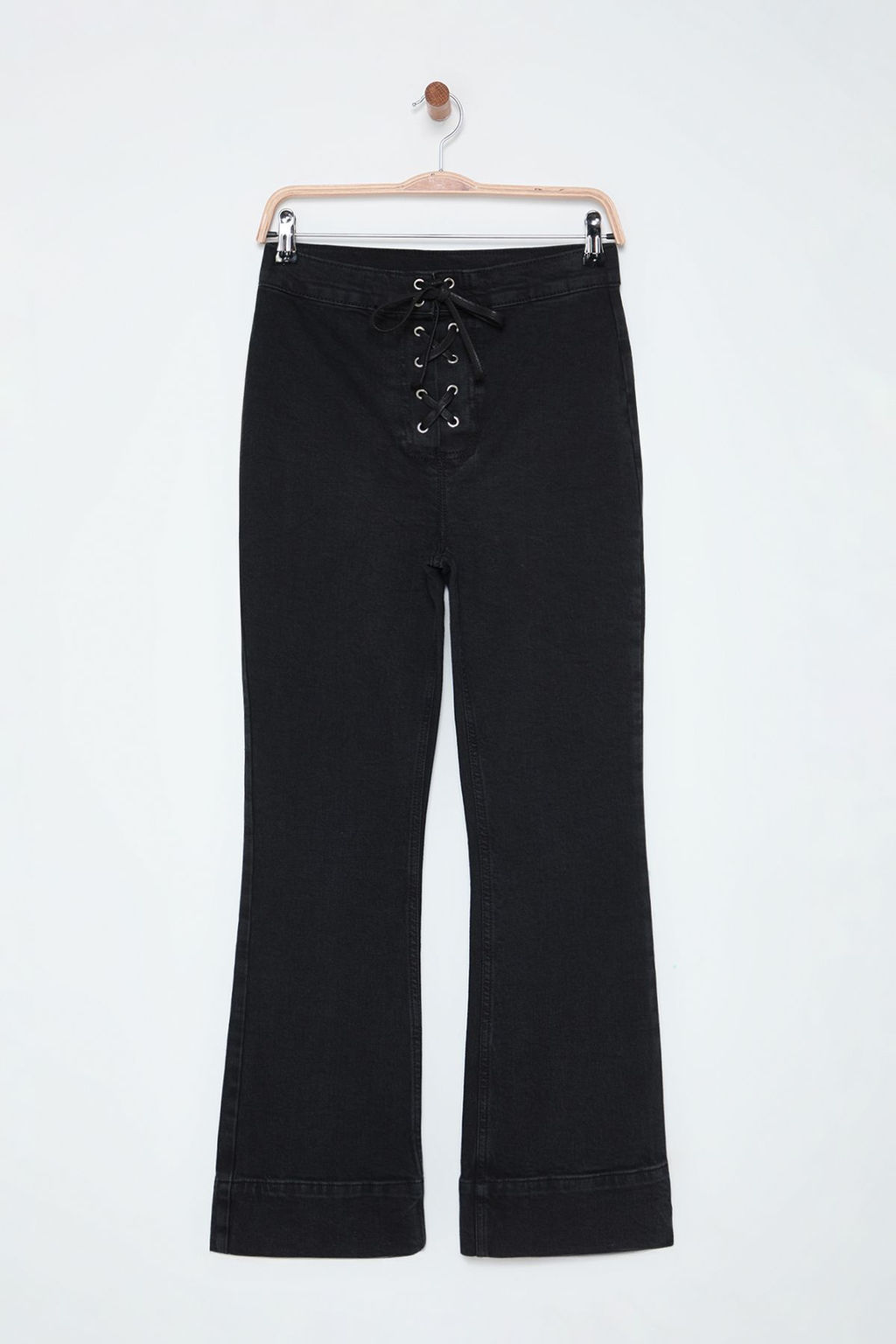 Siyah Kusgozu Baglama Detayl? Yuksek Bel Flare Jeans TWOSS25JE00005 - Trendyolmilla фото 8