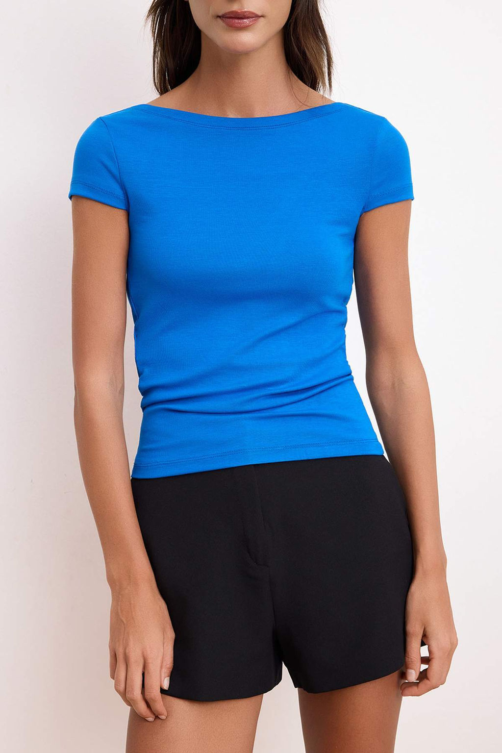 Saks Fitted/Vucuda Oturan Kay?k Yaka K?sa Kollu Yumusak Orme Bluz TWOSS26BZ00466