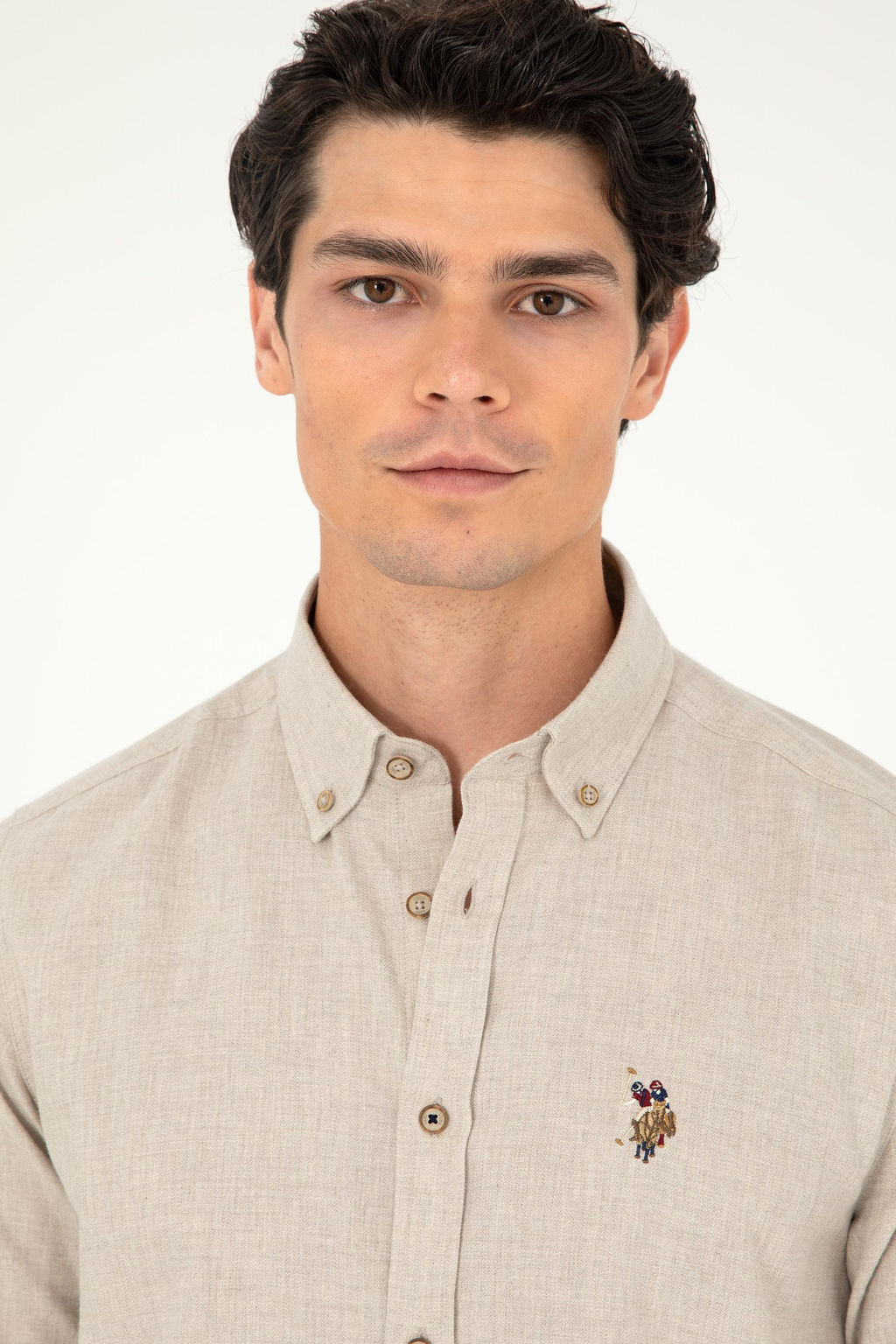 Мужская бежевая базовая рубашка с длинным рукавом - U.s. polo assn фото 2