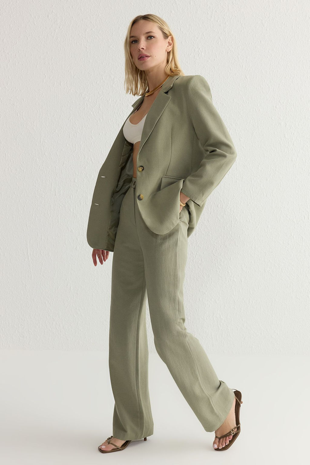TRENDYOLMILLA Haki Keten Gorunumlu Regular Kal?p Astarl? Dokuma Blazer Ceket TWOSS25BC00004  фото 2