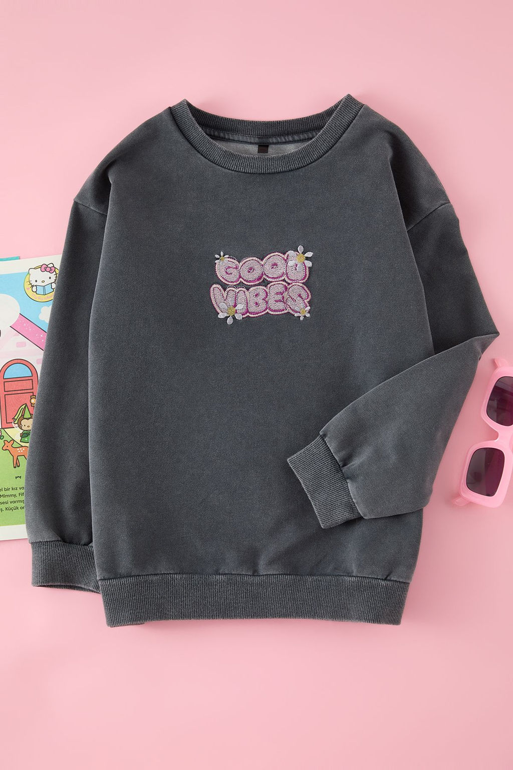 Gri K?z Cocuk Bask?l? Orme Sweatshirt TKDAW25SW00131 - Trendyolmilla фото 2