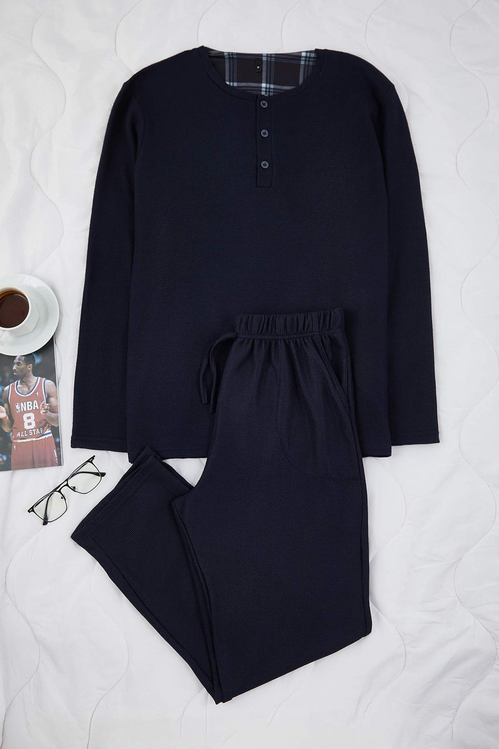 Lacivert Regular Yumusak Waffle Orme Pijama Tak?m? TMNAW26PT00066