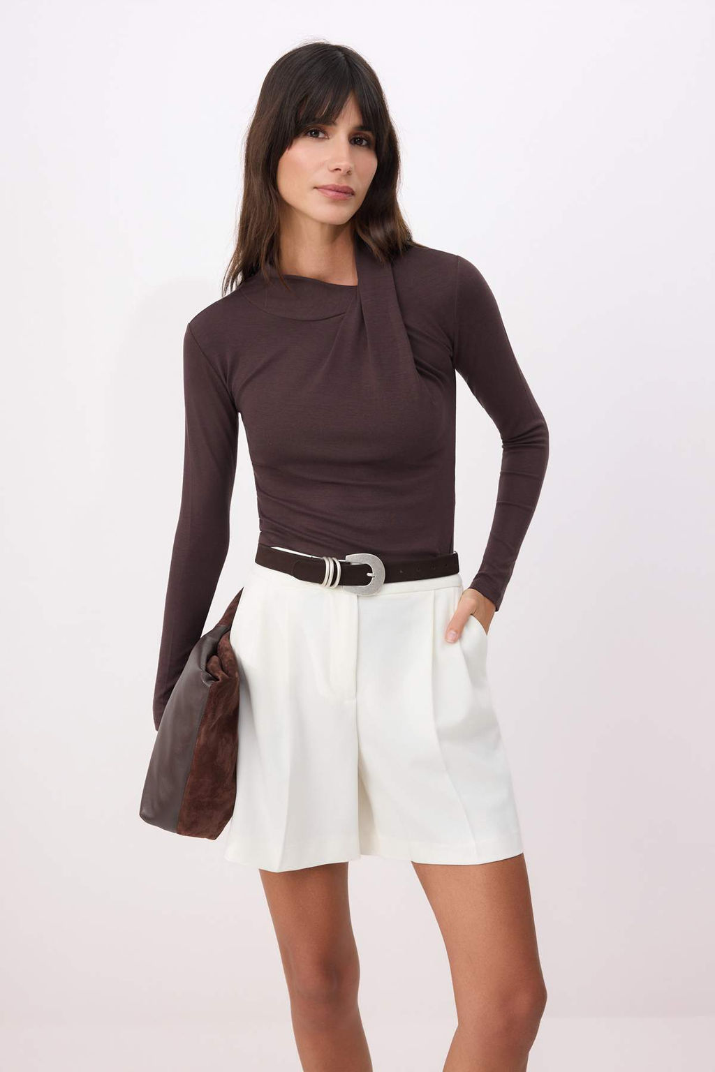 Kahverengi Fitted/Vucuda Oturan Fular Yaka Uzun Kollu Pamuk Ribana Orme Bluz TWOSS26BZ00722 - Trendyolmilla фото 2