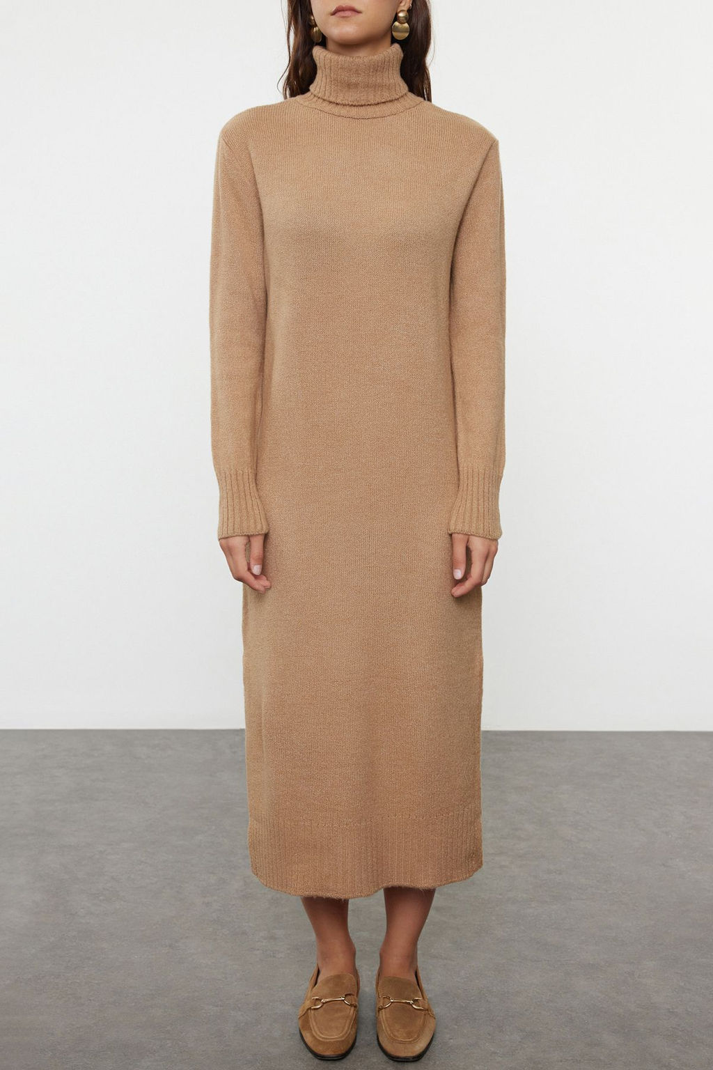 TRENDYOLMILLA Camel Midi Triko Genis Kal?p Yumusak Dokulu Elbise TWOAW24EL00034  фото 3