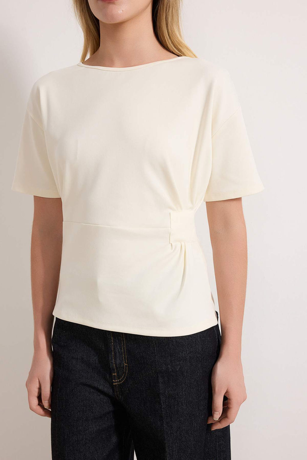 Ekru Fitted/Vucuda Oturan Kay?k Yaka Dusuk Kol K?sa Kollu Interlok Orme Bluz TWOSS26BZ00193 - Trendyolmilla фото 3