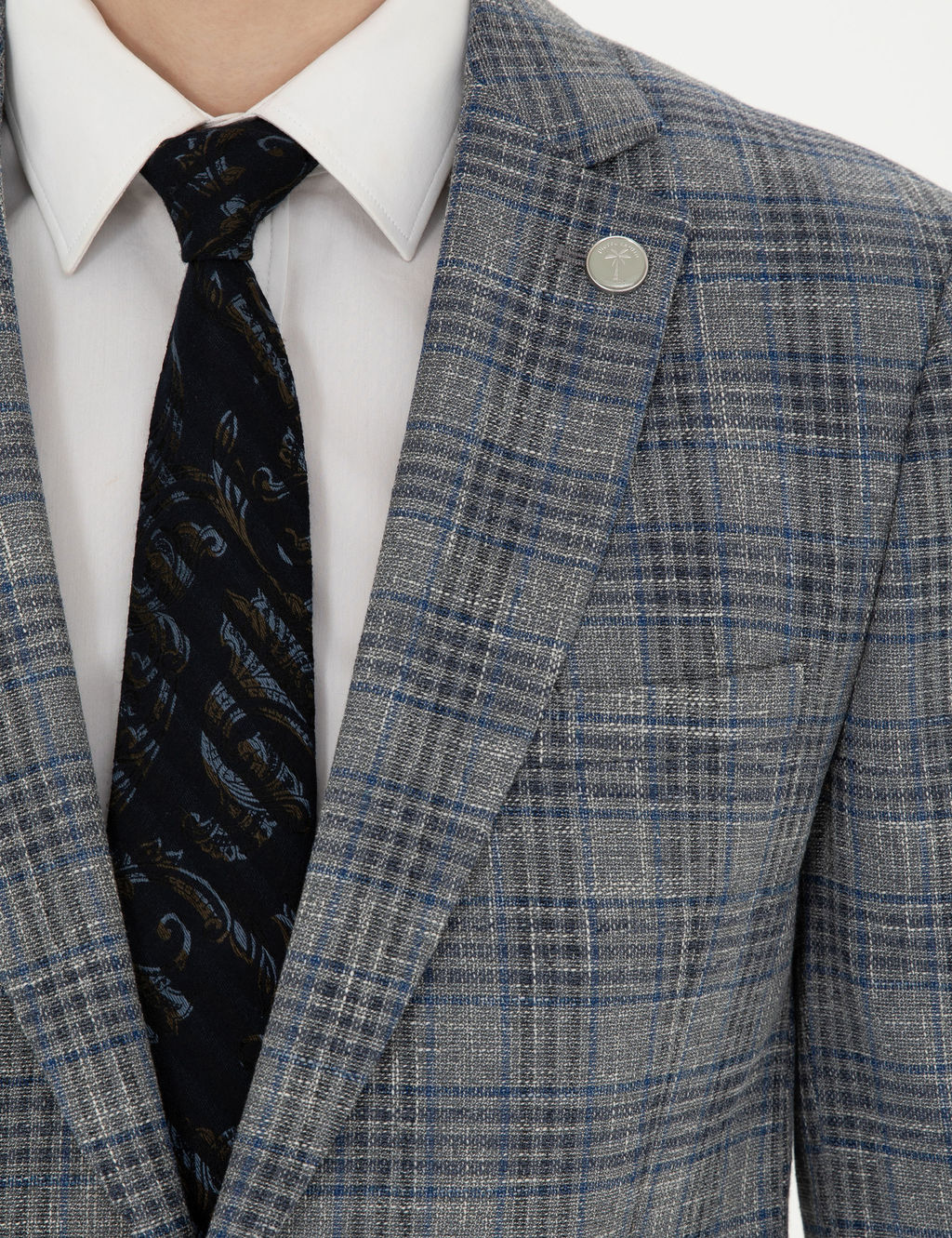 Gri Ex. Slim Fit Y_n Kar___ml_ Ekose Ceket