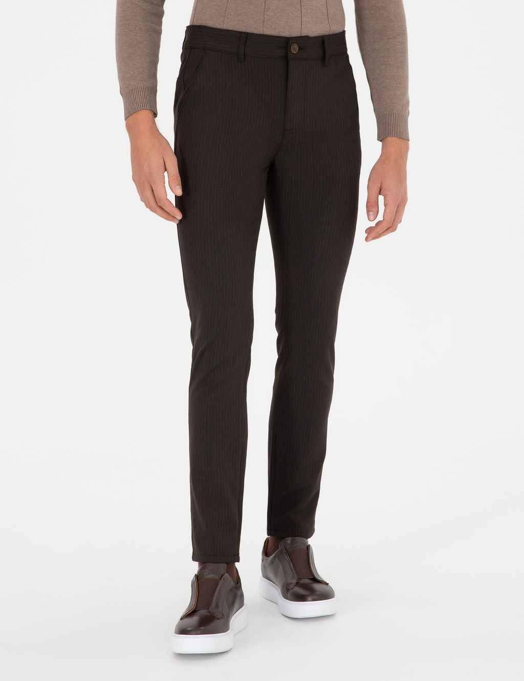 Kahverengi Slim Fit _izgili Kanvas Pantolon