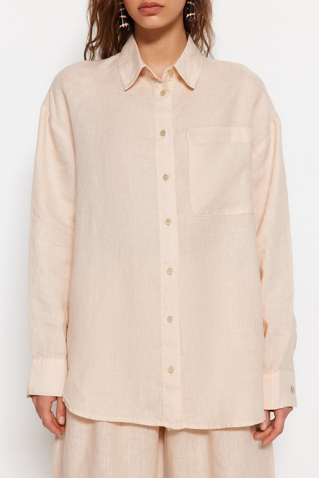 Bej %100 Keten Oversize Gomlek TWOSS23GO00443