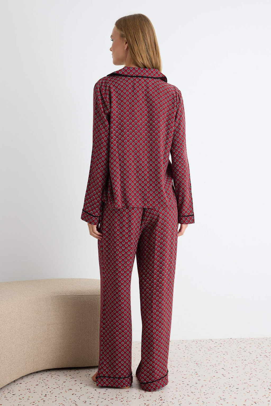 Bordo _i_ekli Biye Detayl_ Dokuma Pijama Tak_m_ THMAW27PT00047