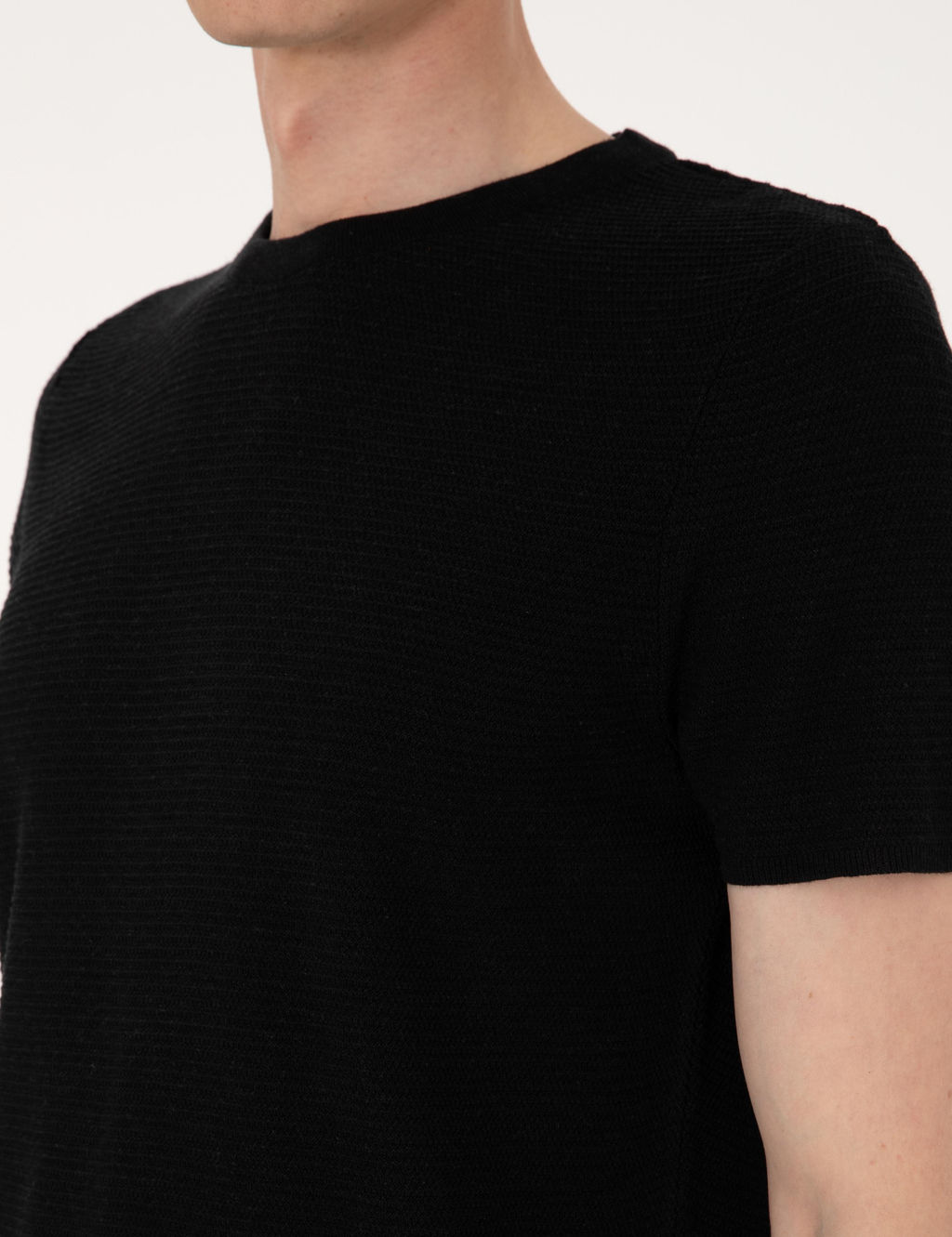 Siyah Slim Fit Keten Kar___ml_ Bisiklet Yaka Triko Ti__rt