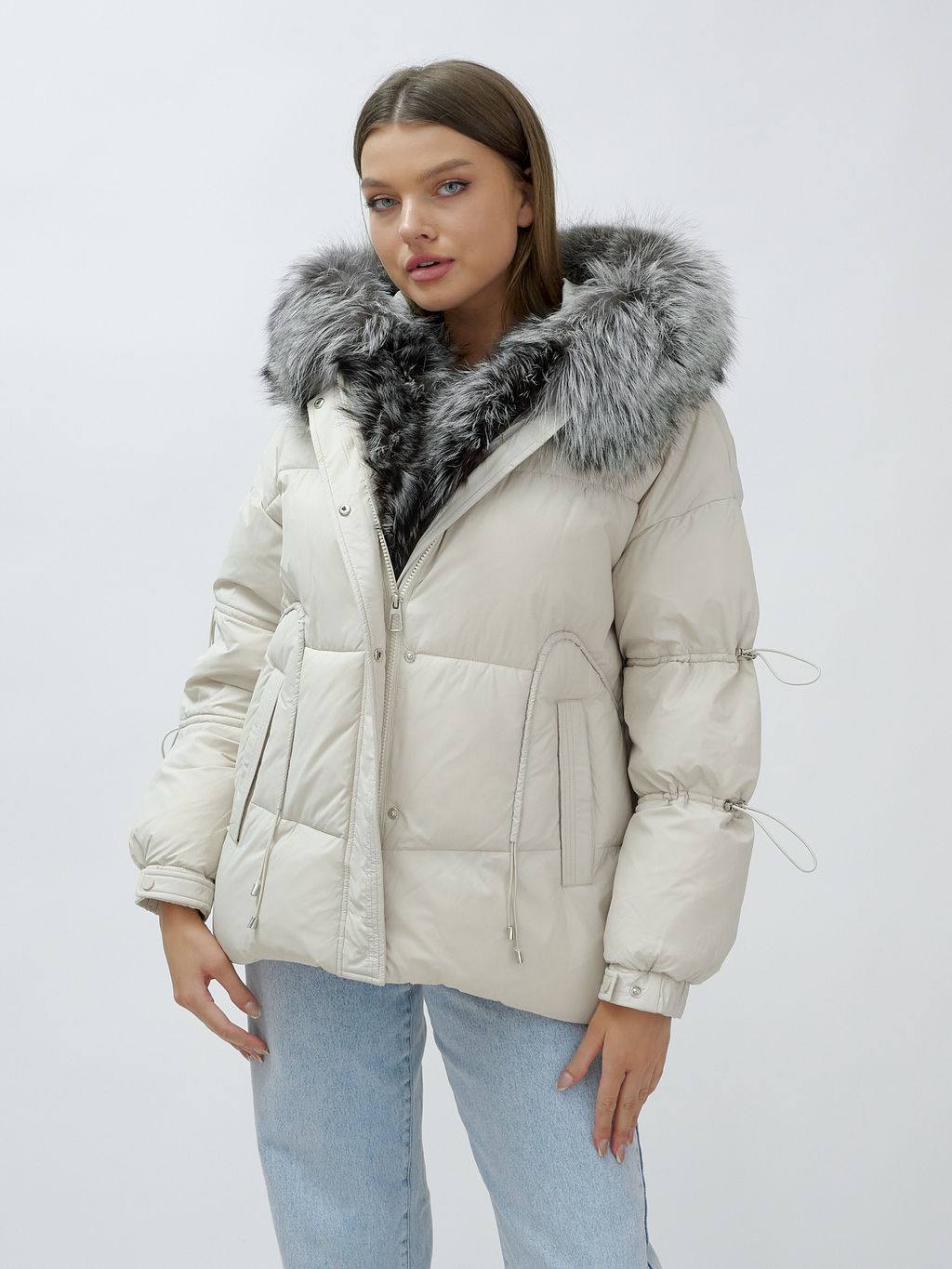 с чернобуркой ПРЕМИУМ класса Полупальто куртка зимняя коричневого цвета  бежевого цвета - Mtforce фото 16