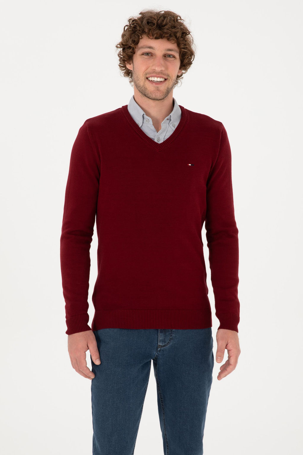 Erkek Slim Fit V Yaka Bordo Basic Kazak - U.s. polo assn фото 3