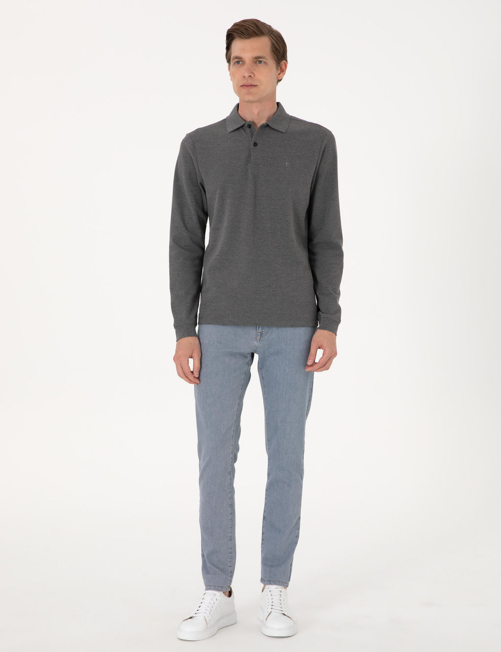 Antrasit Melanj Slim Fit K_vr_lmaz Polo Yaka Basic Pike Sweatshirt