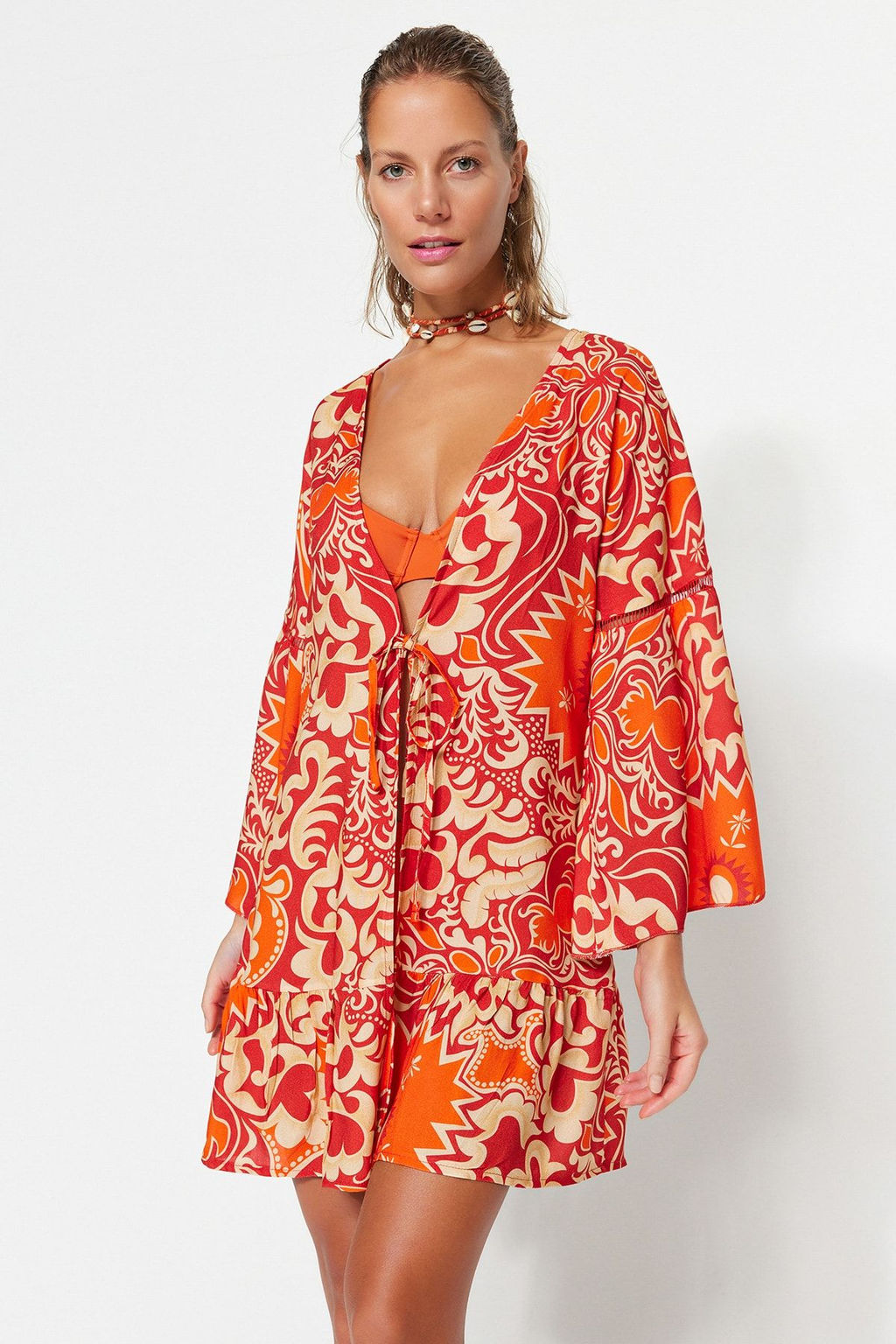 Trendyolmilla Etnik Desenli Mini Dokuma Plaj Kimono&Kaftan TBESS23KM00032
