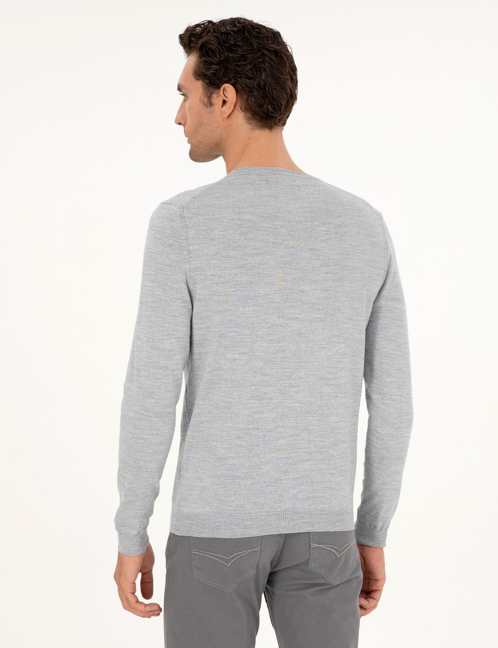 A__k Gri Slim Fit Bisiklet Yaka Y_n Kar___ml_ Basic Triko Kazak