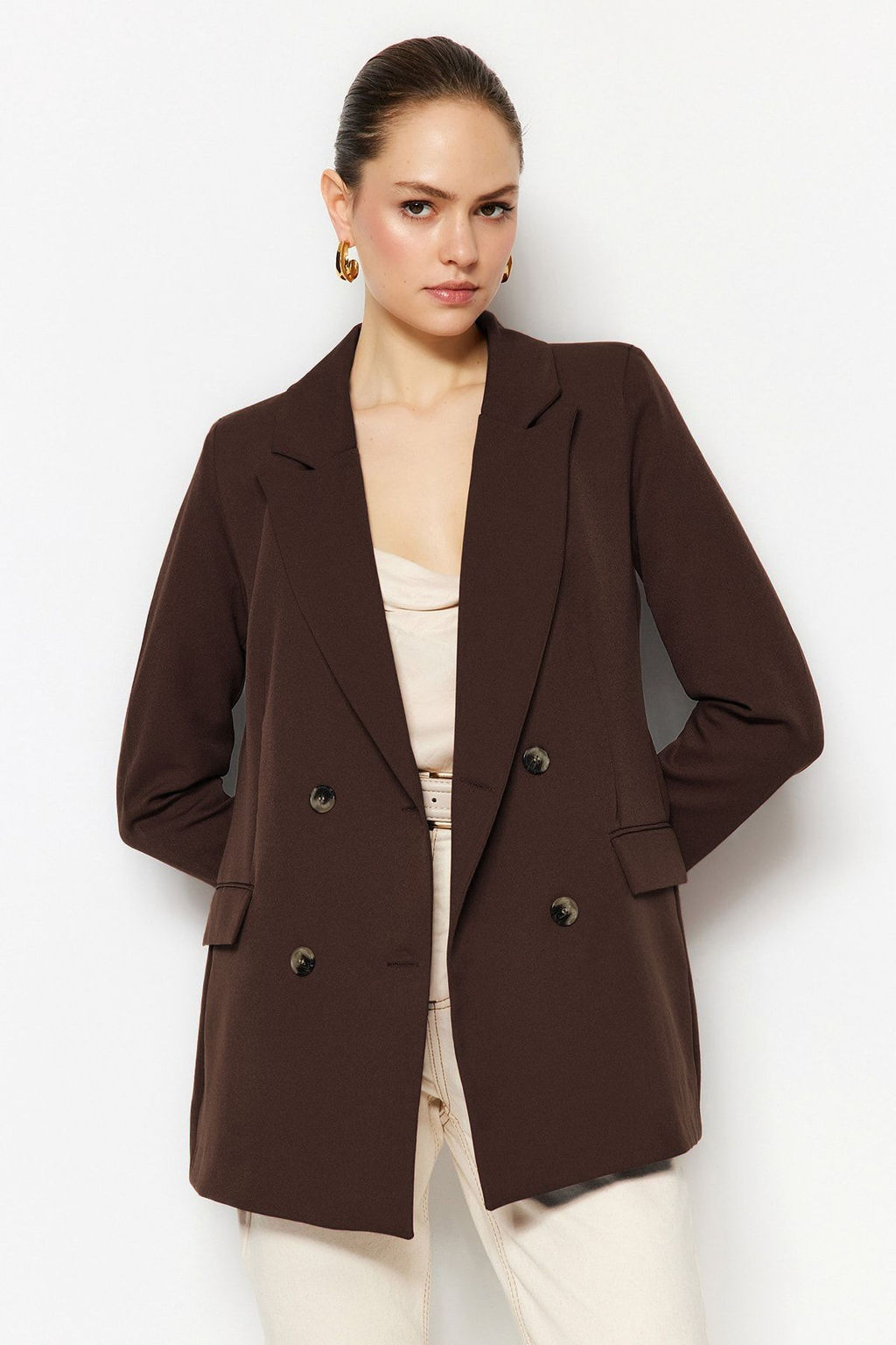 Koyu Kahverengi Astarl? Kruvaze Kapama Dokuma Blazer Ceket TWOAW21CE0145