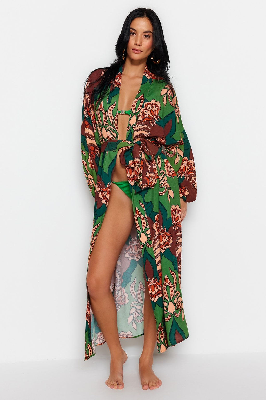 Tropikal Desenli Kusakl? Maxi Dokuma %100 Pamuklu Plaj Kimono&Kaftan TBESS23KM00057 - Trendyolmilla фото 3