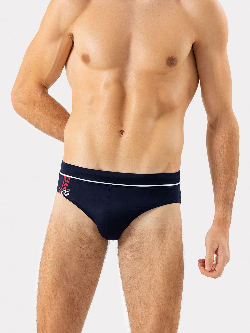 Мужские трусы-плавки для купания темно-синие с принтом неви +печать 701005