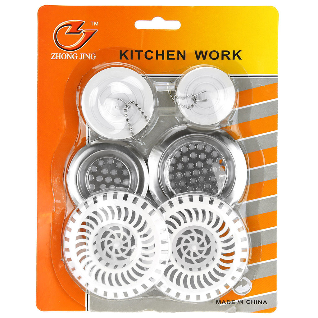 Набор для раковины 6 предметов: пробка-сетка для раковины из нержавеющей стали - 2 штуки: д6см, д7,5см; пробка-сетка для раковины пластмассовая - 2 штуки д8см; пробка резиновая - 2 штуки: д4см, д5см, в блистере (Китай) - Домашняя мода фото 2