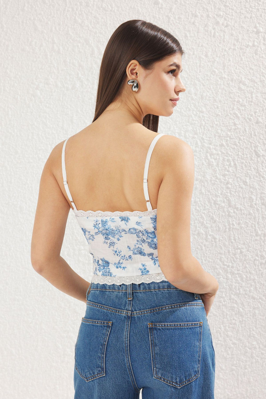 Mavi Ask?l? Cicek Desenli Crop Baglama Detayl? Dokuma Bluz TWOSS25BZ00058 - Trendyolmilla фото 5