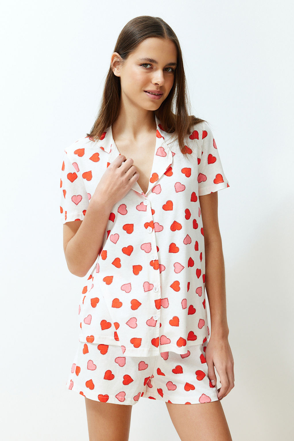 Cok Renkli %100 Pamuklu Kalpli Sortlu Orme Pijama Tak?m? THMSS24PT00152 - Trendyolmilla фото 2