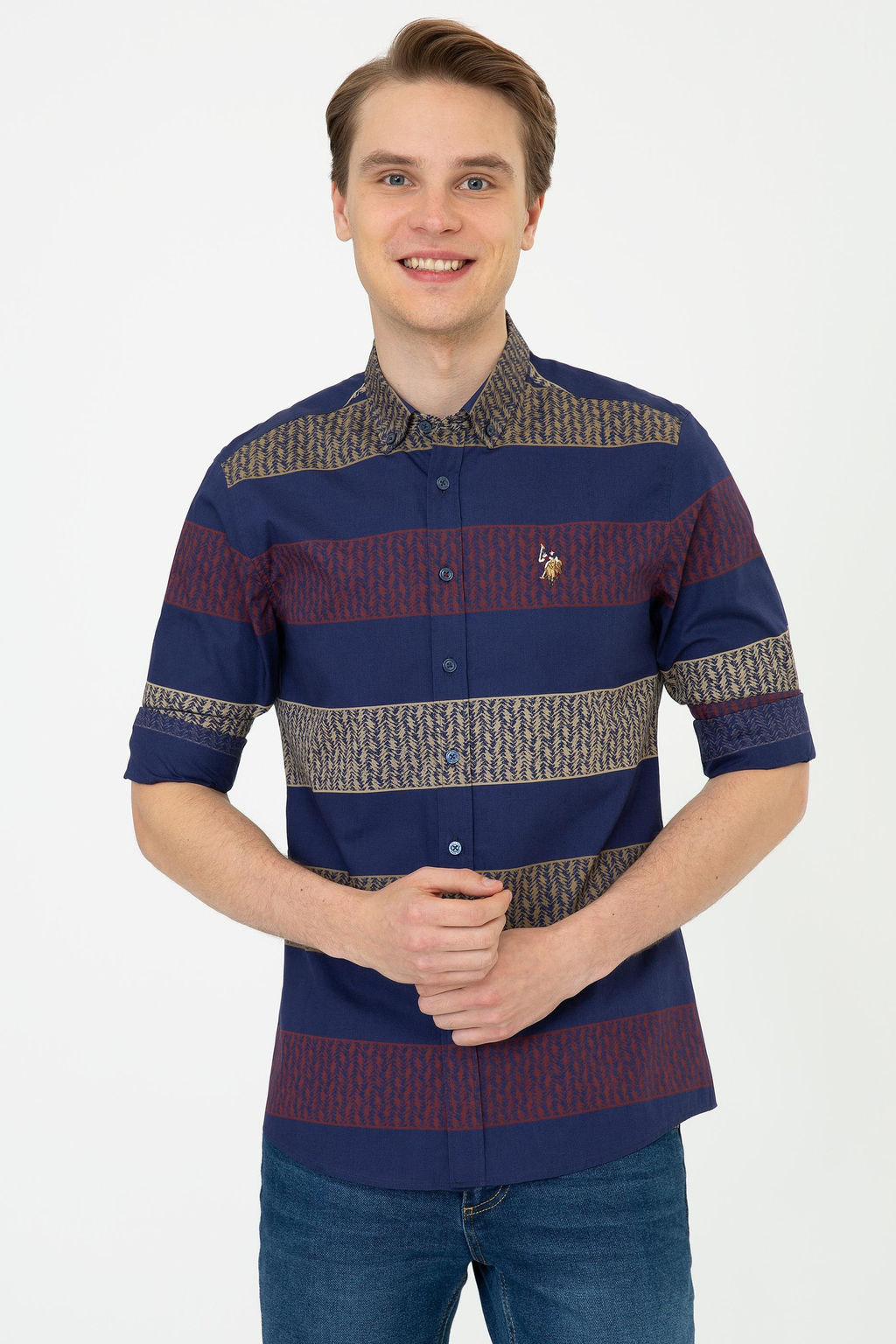 Мужская темно-синяя рубашка с длинным рукавом