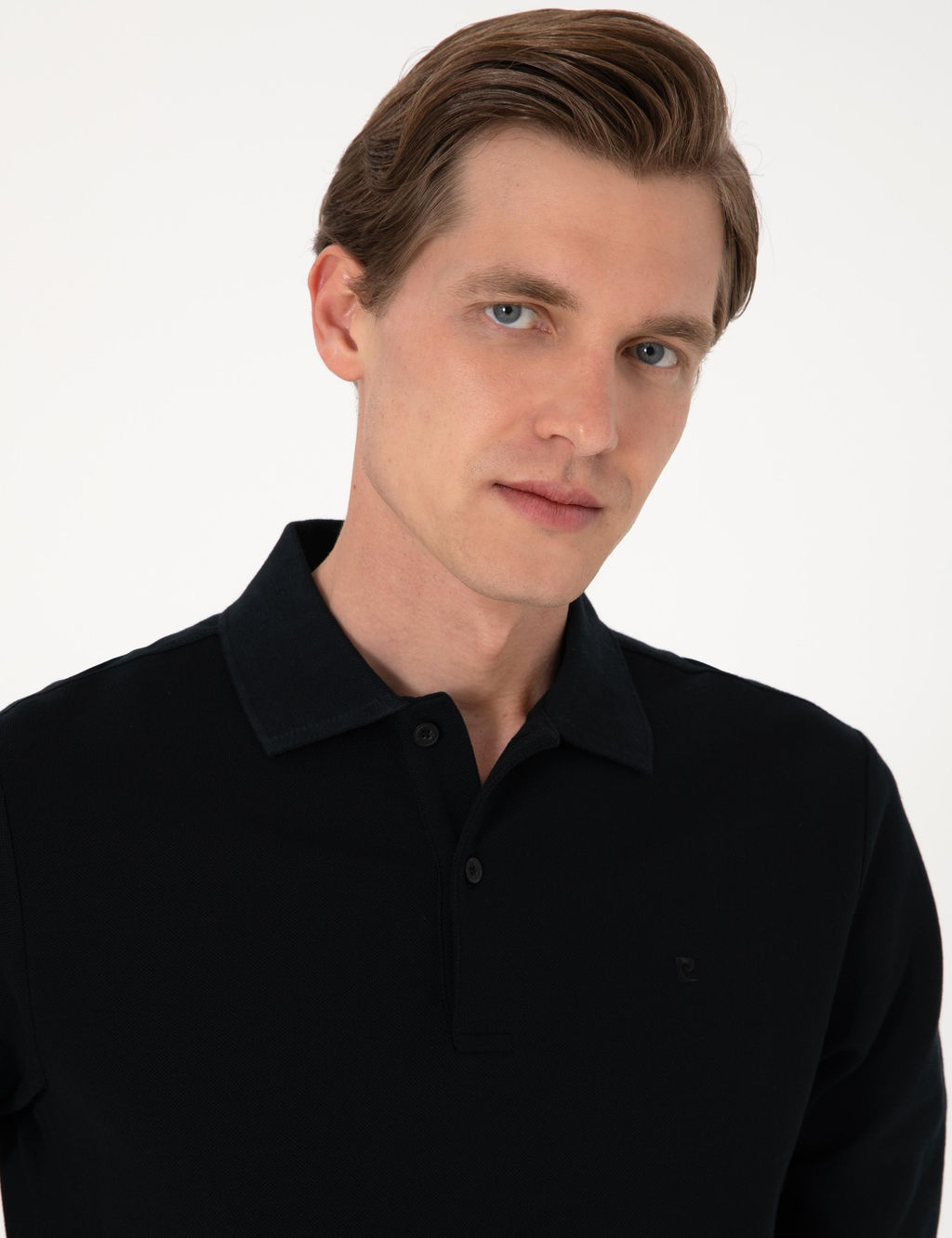 Siyah Slim Fit K_vr_lmaz Polo Yaka Basic Pike Sweatshirt